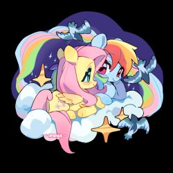 absurdres animal animal_focus artist_name artistic_error bird black_border blonde_hair blue_hair blush border chengzi82020 chinese_commentary closed_mouth cloud commentary_request cutie_mark eye_contact fluttershy full_body green_eyes green_hair hand_on_own_cheek hand_on_own_face highres long_hair looking_at_another lying multicolored_hair my_little_pony my_little_pony:_friendship_is_magic on_cloud on_stomach orange_hair outside_border pegasus pink_eyes pink_hair pink_tail purple_hair rainbow_dash rainbow_hair red_hair smile sparkle streaked_hair