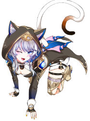 1girl absurdres animal_ear_fluff animal_ears animal_hood aqua_eyes breasts cat_ears cat_girl cat_hood cat_tail cipher_(honkai:_star_rail) cleavage crawling grey_hair gwaksunpal highres honkai:_star_rail honkai_(series) hood large_breasts looking_at_viewer mole mole_on_breast one_eye_closed open_mouth simple_background smile solo tail thigh_strap thighhighs white_background white_thighhighs yellow_nails