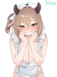 1girl animal_ears apron blush breasts brown_hair cleavage cowboy_shot green_eyes hat highres indie_virtual_youtuber large_breasts naked_apron nimi_nightmare nurse_cap one_side_up parted_lips simple_background smile solo tapir_ears tapir_girl virtual_youtuber vorkiss white_background