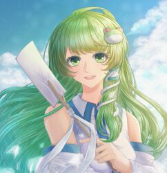 1girl detached_sleeves frog_hair_ornament green_eyes green_hair hair_ornament highres kochiya_sanae looking_at_viewer nontraditional_miko sleeveless snake_hair_ornament solo straight-on touhou wuze_zeei
