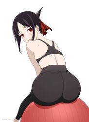 1girl ass ass_focus back ball black_hair black_pants black_sports_bra blush coro_fae dot_nose exercise_ball folded_ponytail from_behind furrowed_brow hair_ribbon high-waist_pants highres kaguya-sama_wa_kokurasetai_~tensai-tachi_no_renai_zunousen~ leaning_forward looking_at_viewer looking_back open_mouth pants parted_bangs red_eyes red_ribbon ribbon shinomiya_kaguya short_hair sidelocks simple_background sitting solo sports_bra sweatdrop tight_clothes tight_pants twitter_username white_background yoga_pants