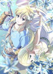1boy 1girl belt blonde_hair blue_eyes blue_tunic bracelet brown_belt champion&#039;s_tunic_(zelda) dress fingerless_gloves flower gauntlets gloves gold_bracelet green_eyes hair_behind_ear highres holding holding_flower jewelry link long_hair master_sword nintendo off-shoulder_dress off_shoulder parted_bangs petals pointy_ears princess_zelda short_hair shoulder_belt sidelocks silent_princess sword the_legend_of_zelda the_legend_of_zelda:_breath_of_the_wild tomo.puri tunic weapon white_dress