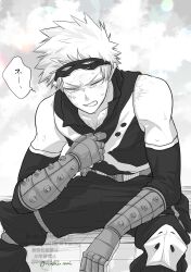 1boy absurdres bakugou_katsuki boku_no_hero_academia commentary_request detached_sleeves gloves greyscale highres male_focus mask mask_on_head monochrome oroshi_mi short_hair sitting solo spiked_hair sweat teeth