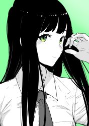 1girl absurdres black_hair closed_mouth commentary detached_sleeves flying_witch green_background green_eyes grey_background head_tilt highres ishizuka_chihiro kowata_makoto limited_palette long_hair looking_at_viewer necktie official_art portrait school_uniform shirt simple_background smile solo spot_color straight_hair thick_eyebrows upper_body white_shirt