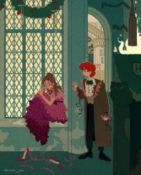 1boy 1girl artist_name black_shoes blue_eyes bow bowtie brown_coat brown_eyes brown_hair christmas_wreath coat collared_shirt crying dress freckles frilled_dress frilled_jacket frilled_sleeves frills full_body green_bow green_bowtie grey_vest half_updo harry_potter_(series) helen_jee hermione_granger high_heels highres hugging_own_legs jacket long_dress long_hair looking_at_another one_eye_closed open_mouth pink_dress red_hair ron_weasley shirt shoes short_hair short_sleeves sitting stairs standing sweatdrop tears unworn_shoes vest waistcoat wavy_hair white_shirt wiping_tears wizarding_world wreath