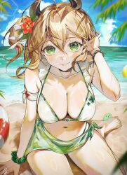 1girl absurdres adjusting_hair ani_019 animal_ears armband beach bikini blonde_hair blue_sky bracelet breasts cleavage double-parted_bangs flower frilled_bikini frills green_eyes green_scrunchie hair_behind_ear hair_between_eyes hair_flower hair_ornament highres horizon indie_virtual_youtuber jewelry large_breasts lifebuoy light_blush looking_at_viewer medium_hair naplings_(nimi_nightmare) navel nimi_nightmare ocean one_side_up sand scrunchie shore side-tie_skirt sitting sky smile solo swim_ring swimsuit tapir_ears tapir_girl virtual_youtuber white_armband white_bikini wrist_scrunchie