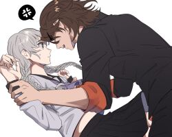 2boys angry arm_grab black_jacket blush braid brown_hair couple crossdressing elulit2 gakuran grey_eyes grey_serafuku held_down hijiyama_takatoshi holding_another&#039;s_wrist jacket juusan_kihei_bouei_ken looking_at_another lying male_focus multiple_boys neckerchief okino_tsukasa on_back pinned purple_neckerchief push_down pushing restrained school_uniform scowl serafuku simple_background sleeves_rolled_up surprised trap twin_braids white_background white_hair wig yaoi