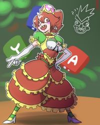 1girl :d artist_request bowyer breasts bright_pupils cleavage cross-eyed crown dress earrings elbow_gloves female_focus frilled_dress frills genderswap genderswap_(mtf) gloves hair_between_eyes high_heels jewelry mario_(series) medium_breasts multicolored_dress new_super_mario_bros._u_deluxe nintendo open_mouth orange_eyes orange_hair pantyhose ponytail sharp_teeth shoes smile solo striped_clothes striped_pantyhose super_crown super_mario_rpg teeth wall-eyed white_gloves white_pupils white_shoes