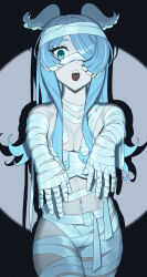 Rule 34 | 1girl, :o, absurdres, alternate costume, aqua eyes, asymmetrical bangs, asymmetrical sidelocks, bandaged arm, bandaged chest, bandaged hand, bandaged head, bandaged leg, bandaged torso, bandaged waist, bandages, bare shoulders, blue hair, blue wings, breasts, chest sarashi, cleavage, colored tips, commentary, cross-shaped pupils, dark, dot nose, elira pendora, english commentary, eyebrows hidden by hair, fangs, green eyes, groin, hair over one eye, hair wings, halloween, halloween costume, head wings, highres, karassawa, leg up, long eyelashes, long hair, looking at viewer, loose bandages, multicolored hair, mummy costume, naked bandage, navel, nijisanji, nijisanji en, open hands, open mouth, outstretched arms, pale skin, parted bangs, raised eyebrows, sarashi, shadow, solo, spotlight, standing, straight-on, streaked hair, symbol-shaped pupils, teeth, thick eyelashes, thighs, two-tone hair, two-tone wings, upper teeth only, very long hair, virtual youtuber, white hair, white streaks, white wings, wide-eyed, wide hips, wings, zombie pose