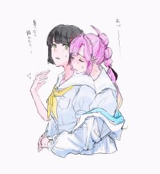 2girls ahoge anyoji_hime black_hair black_ribbon blonde_hair blue_dress breast_pocket breasts dress flower_knot gradient_hair green_eyes hair_ribbon hasu_no_sora_school_uniform highres hood hooded_jacket hug hug_from_behind jacket link!_like!_love_live! long_sleeves love_live! medium_breasts momose_ginko multi-tied_hair multicolored_hair multiple_girls neckerchief off_shoulder open_clothes open_jacket open_mouth pink_hair pocket ponytail ribbon sailor_collar sailor_dress school_uniform short_hair simple_background summer_uniform translation_request virtual_youtuber white_background white_jacket white_sailor_collar yam5565 yellow_neckerchief