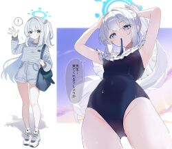 Rule 34 | 1girl, alternate costume, blue archive, blue halo, blue one-piece swimsuit, casual one-piece swimsuit, frilled one-piece swimsuit, frills, halo, highres, miyako (blue archive), miyako (swimsuit) (blue archive), monaka3200, off-shoulder one-piece swimsuit, off shoulder, official alternate costume, one-piece swimsuit, solo, speech bubble, swimsuit, translation request