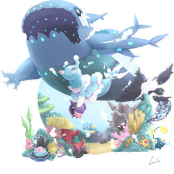 brionne bruxish chinchou chinese_commentary cloyster commentary_request corsola creature creatures_(company) fish game_freak gen_1_pokemon gen_2_pokemon gen_3_pokemon gen_7_pokemon highres holding holding_pokemon horsea littlelluu nintendo no_humans octillery pokemon pokemon_(creature) pyukumuku shellder staryu underwater water wishiwashi wishiwashi_(school)