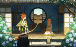 2girls absurdres architecture arrow_(projectile) au_ra black_hakama bow_(weapon) braid branch cat_girl cat_tail commentary_request day dragon_horns dragon_tail east_asian_architecture final_fantasy final_fantasy_xiv flower green_eyes hakama hakama_skirt highres holding holding_arrow holding_bow_(weapon) holding_weapon horns hydrangea japanese_clothes kimono long_hair looking_at_another looking_to_the_side miqo&#039;te multicolored_hair multiple_girls obi obiage obijime orange_hair own_hands_together pink_kimono round_window sash seiza sitting skirt streaked_hair sweat tail tree twin_braids two-tone_hair warrior_of_light_(ff14) weapon white_hair white_horns white_scales window yuzaiii