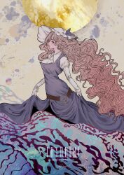 1girl belt blonde_hair blue_dress blue_ribbon brown_background brown_belt brown_eyes character_name dress full_moon hat highres lips long_hair long_sleeves looking_to_the_side mob_cap moon o-ring o-ring_belt oi_yoi_0 paint_splatter ribbon shirt skirt_hold solo touhou very_long_hair watatsuki_no_toyohime water waves wavy_hair white_hat white_shirt