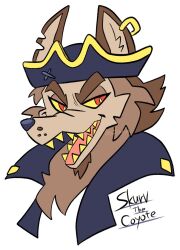 1boy animal_ears brown_fur character_name commentary coyote_boy earrings english_commentary fangs furry furry_male hat indigo_park jewelry looking_at_viewer male_focus mikaya_8 notched_ear open_mouth pirate_hat single_earring skurv_the_coyote smile upper_body white_background wolf_ears