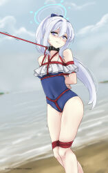 1girl arms_behind_back bare_shoulders bdsm beach blue_archive blush bondage bound collar collarbone crotch_rope forced groin_tendon hair_ribbon highres kertaspata leash leash_pull legs_tied_together long_hair looking_at_another looking_to_the_side miyako_(blue_archive) one-piece_swimsuit outdoors ponytail purple_eyes red_rope ribbon rope shibari sidelocks slave swimsuit tagme very_long_hair walking