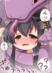 1girl ? anchor_symbol arbok black_eyes black_hair blush commentary_request commission constriction crossover forked_tongue gen_1_pokemon gradient_hair grey_hair hair_between_eyes half-closed_eyes hat heart highres ikkyuu kantai_collection multicolored_hair nintendo nose_blush pokemon pokemon_(creature) sharp_teeth skeb_commission sound_effects spoken_question_mark sweat tears teeth tokitsukaze_(kancolle) tongue translation_request