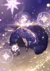Rule 34 | 1girl, absurdres, ahoge, animal, asairo no asa, bare legs, bare shoulders, bow, bowtie, cat, cloak, clothed animal, dress, ear covers, elbow gloves, expressionless, eyelashes, floating hair, frilled dress, frills, from above, full body, gloves, glowing, gown, hashtag-only commentary, high heels, highres, hood, hood up, hooded cloak, infinity nikki, jewelry, light blush, light particles, long dress, long hair, looking at object, momo (nikki), necklace, night, nikki (nikki), nikki (series), open mouth, outdoors, parted lips, purple bow, purple bowtie, purple cloak, purple dress, purple eyes, purple gloves, purple hair, purple skirt, short hair, sidelocks, skirt, smile, star (symbol), star necklace, star print, star sea (nikki), strapless, strapless dress, tareme, very long hair, whiskers, white cat