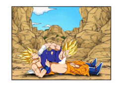2boys 69 anilingus blonde_hair dragon_ball dragonball_z erection fellatio halo majin_vegeta majinbuusama male_focus multiple_boys muscular muscular_male oral penis son_goku super_saiyan torn_clothes vegeta yaoi