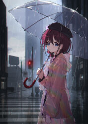1girl blue_eyes blush brown_hair chinese_commentary commentary dark_background girls_band_cry highres holding holding_umbrella iseri_nina looking_at_viewer rain raincoat road see-through_clothes see-through_raincoat short_hair short_twintails solo street traffic_light transparent transparent_umbrella twintails umbrella yun_cao_bing