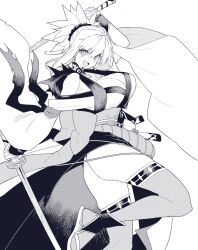 10mo 1girl bare_shoulders breasts cleavage fate/samurai_remnant fate_(series) greyscale highres japanese_clothes katana kimono large_breasts long_hair long_sleeves looking_at_viewer magatama miyamoto_musashi_(fate) miyamoto_musashi_(woman_of_niten_ichiryuu)_(fate) monochrome open_mouth ponytail rope_belt smile solo swept_bangs sword thighhighs weapon
