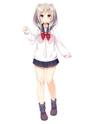 Rule 34 | 1girl, :3, black sailor collar, black skirt, black socks, blush, bow, bowtie, brown hair, closed mouth, double-parted bangs, full body, hair between eyes, hair ornament, hair over shoulder, hairclip, hand up, highres, loafers, long hair, looking at viewer, loose socks, miniskirt, official art, orange eyes, pleated skirt, promotional art, purple shoes, red bow, red bowtie, ren&#039;ai hajimemashite, sailor collar, school uniform, serafuku, shima yuuhi, shoes, simple background, skirt, sleeves past wrists, smile, socks, solo, sprite, standing, sweater, tareme, transparent background, twintails, white sweater, yuunagi seshina