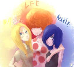 3girls belt black_tank_top blonde_hair blue_eyes blue_hair cartoon_network curly_hair ed_edd_n_eddy grey_eyes hug marie_kanker matthewlok multiple_girls orange_hair polka_dot polka_dot_shirt shirt siblings simple_background sisters smile tank_top v