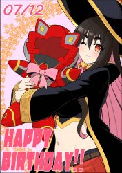 Rule 34 | 1boy, 1girl, absurdres, asagaki togo, black hair, breasts, happy birthday, hat, highres, large breasts, nakayoshi koyoshi, navel, one eye closed, pink hair, red eyes, sentai red ga isekai de boukensha ni naru, skirt, stuffed toy, witch hat, yihdra arvoln