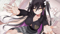 1girl black_hair black_shirt black_socks breasts bursting_breasts choker cleavage collarbone colored_inner_hair curtains grey_skirt hair_between_eyes hair_ornament hair_ribbon highres indoors lamp large_breasts long_hair multicolored_hair original picture_frame pink_choker plaid_clothes plaid_skirt pleated_skirt purple_hair rabbit_hair_ornament ribbon rug satsuki_misuzu school_uniform shirt sidelocks sitting skirt socks solo stuffed_animal stuffed_rabbit stuffed_toy two-tone_hair wariza wooden_floor