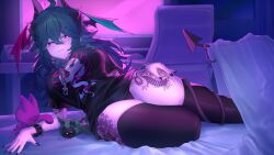 1girl 55mo3 absurdres ahoge arm_tattoo aruna_reaver black_horns black_nails black_shirt black_thighhighs blue_eyes breasts chain demon_girl demon_horns demon_tail green_hair hair_between_eyes hair_ornament hairpin hand_on_own_thigh head_wings heart heart-shaped_pupils heterochromia highres horns indie_virtual_youtuber large_breasts leg_tattoo long_hair panties pink_eyes second-party_source shirt solo spiked_cuffs symbol-shaped_pupils tail tail_ornament tattoo thighhighs underwear virtual_youtuber wings