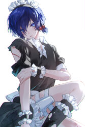 Rule 34 | 1boy, apron, arm at side, black dress, black thighhighs, black wrist cuffs, blue eyes, blush, crossdressing, crossdressing (mtf), dress, eyes visible through hair, facing to the side, flat chest, flustered, frilled dress, frilled sleeves, frills, hand on own arm, highres, holster, injury, knee up, looking to the side, maid, maid apron, maid headdress, male focus, official alternate costume, partially unbuttoned, persona, persona 3, ribbon, scar, sweatdrop, thigh holster, thighhighs, torn clothes, torn dress, torn socks, tsukitaka, turning head, twintails, white background, white ribbon, wrist cuffs, yuuki makoto (persona 3)