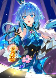 Rule 34 | 1girl, blue dress, blue eyes, blue hair, breasts, cape, cerydra (honkai: star rail), chess piece, chessboard, commentary request, crown, detached sleeves, dress, fur-trimmed cape, fur trim, hair intakes, highres, holding, holding chess piece, honkai: star rail, honkai (series), jewelry, korean commentary, long hair, medium breasts, mini crown, open mouth, pawn (chess), ring, solo, ssamsa0404, wings
