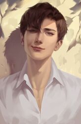 Rule 34 | 1boy, against wall, asian, asymmetrical bangs, brown eyes, brown hair, chinese commentary, closed mouth, collarbone, collared shirt, commentary request, day, eyelashes, hair between eyes, highres, jiang cheng (sa ye), leaf, lipstick, looking at viewer, makeup, male focus, nostrils, outdoors, pectoral cleavage, pectorals, pink lips, realistic, sa ye, shadow, shirt, smile, solo, thick eyebrows, upper body, white shirt, ye dian pikaqiu