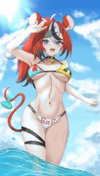 1girl absurdres ahoge alternate_breast_size alternate_costume animal_ears arm_up armpits bare_shoulders belt bikini black_hair blue_eyes blush bow breasts breasts_apart cheese cloud cloudy_sky collarbone colored_tips commentary covering_head cowboy_shot double-parted_bangs food hair_between_eyes hair_ornament hairpin hakos_baelz high_ponytail highres hololive hololive_english large_breasts long_hair looking_at_viewer mouse_ears mouse_girl mouse_tail multicolored_bikini multicolored_hair navel open_mouth outdoors pendant_choker ponytail print_bikini red_hair sharp_teeth sky smile solo standing stomach streaked_hair sunlight swimsuit tail tail_bow tail_ornament teeth thigh_belt thigh_strap thighs upper_teeth_only varo_006 virtual_youtuber wading water wet white_hair