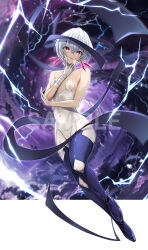 1girl bandaged_arm bandages blue_shoes bodysuit breasts commentary_request covered_navel full_body gloves grey_hair groin hair_between_eyes half_gloves hand_up highres looking_at_viewer mappaninatta parted_lips red_eyes sample_watermark shoes short_hair small_breasts solo ulith_(wixoss) watermark white_bodysuit white_gloves wixoss