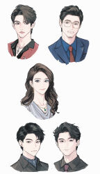 Rule 34 | 1girl, 4boys, absurdres, amazing night, asian, black eyes, black hair, black shirt, blue jacket, blue shirt, brown hair, character request, chinese commentary, collared shirt, commentary request, cropped shoulders, curtained hair, dress shirt, earrings, expressionless, facial hair, forehead, gem, glasses, goatee, goatee stubble, green gemstone, highres, jacket, jewelry, light smile, linbeiyx, lips, long hair, looking at viewer, looking to the side, mature female, mature male, mole, mole on neck, mole under eye, multiple boys, mustache, mustache stubble, necklace, necktie, nose, pinstripe jacket, pinstripe pattern, real life, rectangular eyewear, red necktie, shirt, short hair, simple background, stubble, suit jacket, very short hair, white background