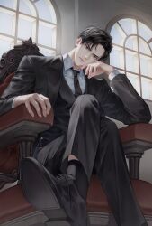 1boy absurdres arm_rest black_eyes black_hair black_jacket black_necktie black_shoes black_suit chair closed_mouth formal_clothes from_below furrowed_brow hand_on_own_cheek hand_on_own_face highres jacket long_sleeves looking_at_viewer male_focus mang_chan_d necktie on_chair original shoes short_hair sitting solo suit window