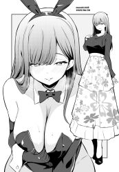 1girl animal_ears bare_shoulders blush bow bowtie breasts cleavage collarbone commentary_request dated detached_collar fake_animal_ears grey_background greyscale highres kichihachi large_breasts leotard long_hair long_sleeves looking_at_viewer monochrome multiple_views original parted_lips playboy_bunny rabbit_ears skirt smile standing sweater two-tone_background white_background
