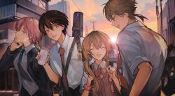 Rule 34 | 2boys, 2girls, :d, ^ ^, absurdres, backlighting, black hair, black necktie, bow, bowtie, brown hair, closed eyes, collared shirt, commentary request, cup, disposable cup, fushimi gaku, happy trigger (nijisanji), highres, holding, holding cup, ienaga mugi, kenmochi touya, kenmochi touya (1st costume), looking at viewer, mole, mole under eye, multiple boys, multiple girls, necktie, nijisanji, omamori, open mouth, outdoors, pink hair, pink scrunchie, plaid clothes, plaid necktie, power lines, protected link, red bow, red bowtie, red necktie, scrunchie, shirt, smile, sunlight, sunset, tsuta1218, upper body, utility pole, vest, virtual youtuber, weapon bag, white shirt, wrist scrunchie, yuuhi riri