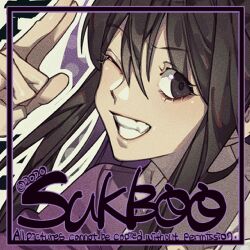 1girl ace_attorney black_hair blunt_bangs choker chulsukboo close-up commentary half_updo haori japanese_clothes jewelry kimono maya_fey necklace one_eye_closed pearl_necklace purple_haori red_sash sash short_kimono sidelocks smile symbol-only_commentary