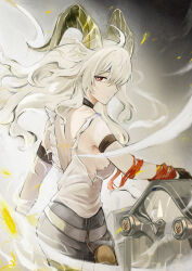 1girl arm_strap black_gloves black_horns blonde_hair breasts bright_pupils closed_mouth commentary cowboy_shot curled_horns from_side gloves highres horns light_smile long_hair looking_at_viewer medium_breasts mole mole_under_eye necktie necktie_around_wrists red_eyes red_necktie shield shirt sideways_glance solo tacet_mark_(wuthering_waves) torn_clothes torn_shirt untucked_shirt white_pupils white_shirt wuthering_waves xinxin zani_(wuthering_waves)
