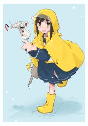 Rule 34 | !?, 1boy, 1girl, absurdres, adapted turret, admiral (kancolle), alternate costume, anchor symbol, black hair, blue dress, boots, coat, commentary request, dress, fubuki (kancolle), green eyes, highres, inverted umbrella, kantai collection, looking at viewer, low ponytail, ma rukan, ponytail, raincoat, rigging, rubber boots, shaded face, short ponytail, sidelocks, smile, umbrella, yellow boots, yellow coat