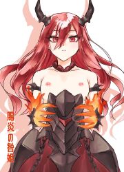 Rule 34 | 1girl, absurdres, armor, bare shoulders, black armor, black horns, breasts, breasts out, cowboy shot, duel monster, flaming hand, highres, horns, long hair, medium breasts, mone (mochimochimone), nipples, promethean princess bestower of flames, red eyes, red hair, shadow, simple background, solo, white background, yu-gi-oh!