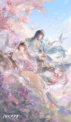 2girls absurdres bird black_hair bouquet breasts bridal_veil cherry_blossoms cleavage dress flower highres holding holding_bouquet logo long_hair lucia:_pyroath_(pgr) lucia_(pgr) medium_breasts multiple_girls official_alternate_costume official_art outdoors punishing:_gray_raven selena:_pianissimo_(pgr) selena_(pgr) tree twintails veil very_long_hair wedding_dress