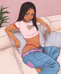 Rule 34 | 1girl, belt, black hair, blue pants, couch, crop top, dark-skinned female, dark skin, denim, highleg, highleg panties, highres, indoors, jeans, jesus aponza, long hair, looking at viewer, midriff, navel, original, panties, pants, pants partially removed, panty straps, pillow, pink belt, red panties, rosa (jesus aponza), shirt, short sleeves, sitting, solo, underwear, white shirt