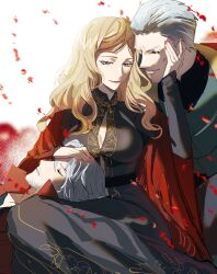 Rule 34 | 1girl, 2boys, blonde hair, blue eyes, blush, breasts, brothers, closed mouth, coat, dante (devil may cry), devil may cry (series), devil may cry 5, dress, eva (devil may cry), facial hair, family, hair slicked back, highres, holding, large breasts, long hair, male focus, mother and son, multiple boys, parent and child, queenofmarmot, red coat, siblings, smile, vergil (devil may cry), white hair