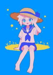 1boy :d aged_down alternate_costume alternate_hair_color arm_support barefoot basil_(faraway)_(omori) basil_(omori) blue_background blue_bow blue_eyes blue_neckerchief blue_sailor_collar blue_shorts blush bow bright_pupils brown_hat double-parted_bangs film_grain flower full_body hair_between_eyes hand_up hat hat_bow highres knees_together_feet_apart looking_at_viewer male_focus neckerchief omori open_mouth sailor_collar saji_neko shirt short_hair short_sleeves shorts simple_background sitting smile solo star_(symbol) sun_hat white_hair white_pupils white_shirt yellow_flower