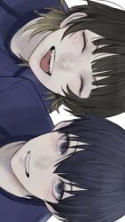 2boys bachira_meguru black_hair blonde_hair blue_eyes blue_hair blue_lock blue_shirt closed_eyes colored_inner_hair hair_between_eyes highres isagi_yoichi looking_at_viewer male_focus multicolored_hair multiple_boys open_mouth shirt short_hair sideways simple_background smile two-tone_hair uyumint white_background