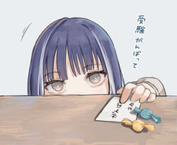 1girl bright_pupils candy commentary_request food grey_eyes highres looking_at_viewer multicolored_hair original paper purple_hair solo streaked_hair table translation_request two-tone_hair white_hair white_pupils wrapped_candy yoruse