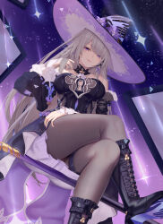 1girl aoi_(buzhuen444) bare_shoulders black_boots black_dress boots crossed_legs detached_sleeves dress foot_out_of_frame grey_hair hat herta_(honkai:_star_rail) highres honkai:_star_rail honkai_(series) long_hair long_sleeves looking_at_viewer pantyhose purple_eyes sitting smile solo strapless strapless_dress the_herta_(honkai:_star_rail) thighs very_long_hair witch_hat